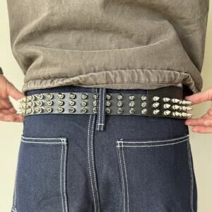 Y2K Black Leather Punk Belt Silver Studs Adjustable Fits 26-36 Unisex Style